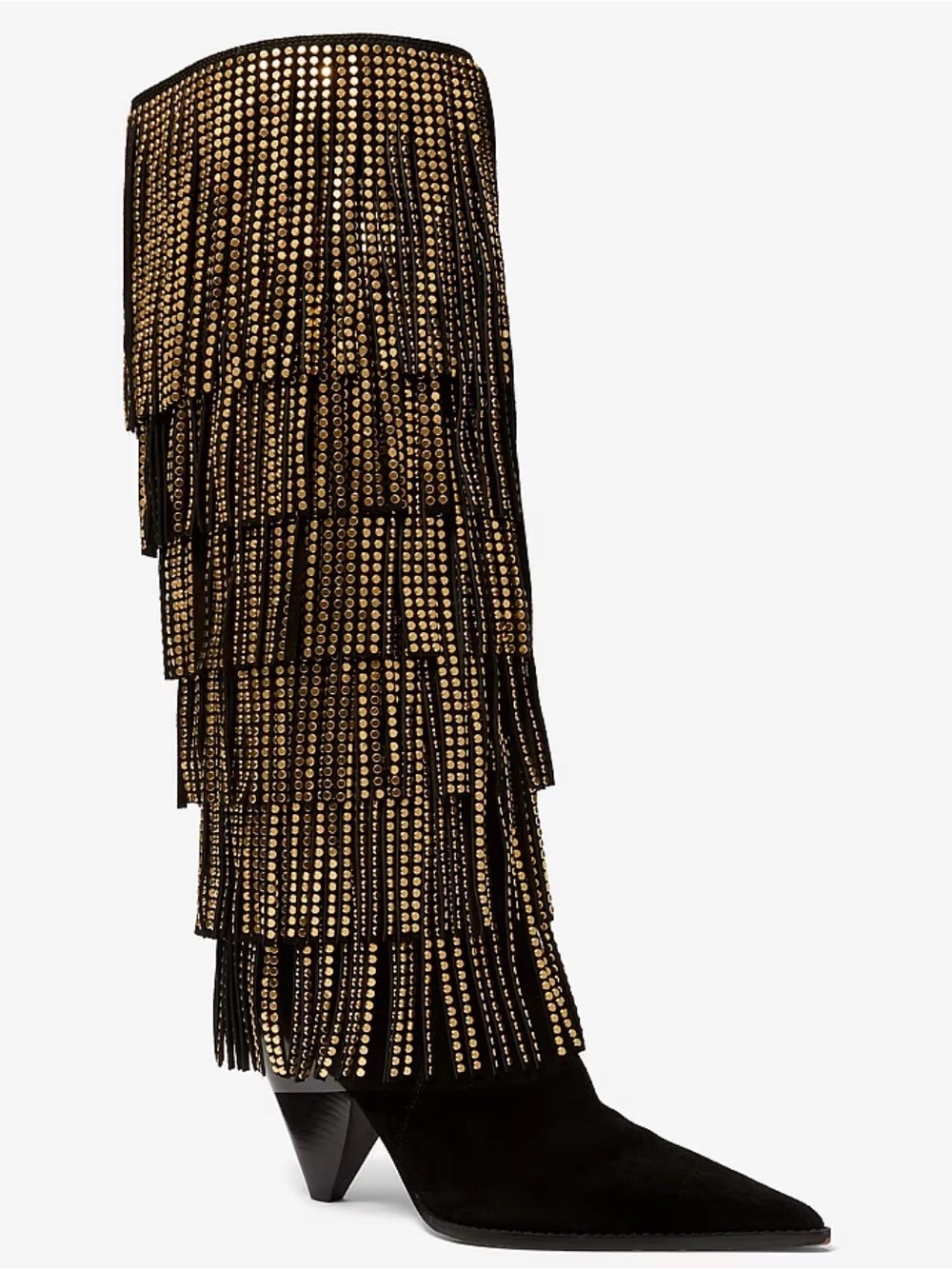 Michael Kors Black and Gold Tiered Jayla Embellished Fringe Boots Size 8.5